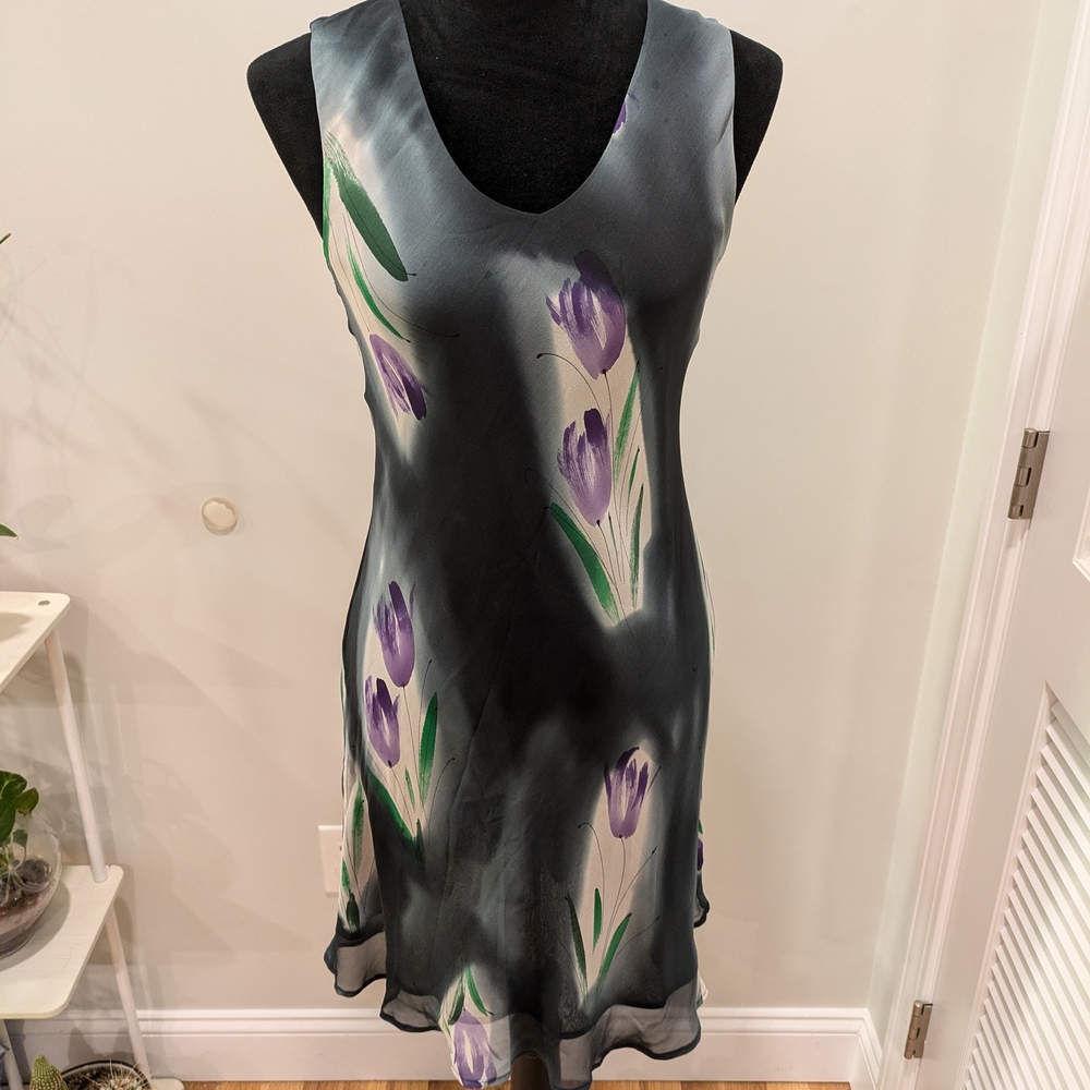 Simply Silk Black and Purple Embellished Tiered Midi Dress 100% Silk Size Small